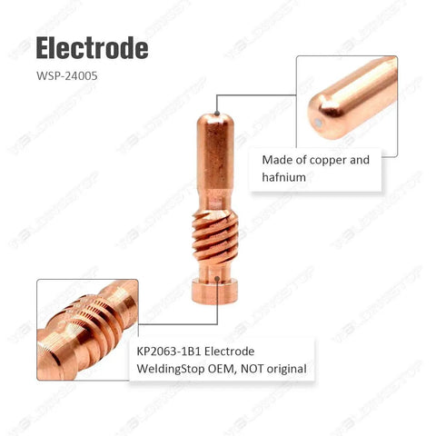 All In One Plasma Cutting Electrodes Nozzle Tips And Drag Shield Kit For Pro-Cut 55 And 80 Torch Includes 5 KP2063-1B1 Electrodes shown in copper and hafnium composition