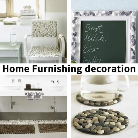 Home decor with Polished River Rock Gravel Set 0.5-1.2 Inch Natural Mixed Color Pebbles used on chair, frame, and mat design.
