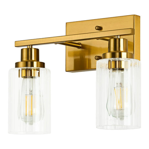 Two Light Brushed Gold Vanity Light With Fluted Glass Shade For Modern Bathroom Over Mirror Dope Gold Vanity Fixtures