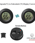 Six Pack Mini Hygrometer Thermometer Digital LCD Humidity And Temperature Monitor For Indoor Outdoor Use In Greenhouses And Reptile Enclosures Reads Fahrenheit Or Celsius Super Handy And Easy To Read; round black LCD hygrometer, rear switch, LR44 battery