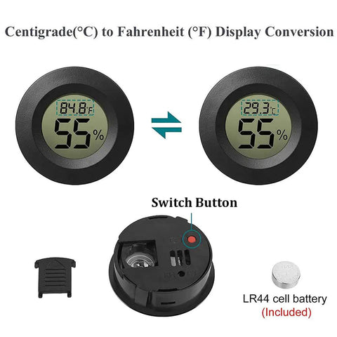 Six Pack Mini Hygrometer Thermometer Digital LCD Humidity And Temperature Monitor For Indoor Outdoor Use In Greenhouses And Reptile Enclosures Reads Fahrenheit Or Celsius Super Handy And Easy To Read; round black LCD hygrometer, rear switch, LR44 battery