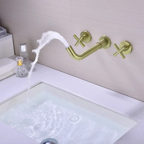 Brushed Gold Brass Wall Mount Bathroom Faucet With Two Cross Handles No Fuss Rough In Valve One Quarter Turn Ceramic Cartridge 360 Degree Rotating Spout Reaches 208mm Built To Last