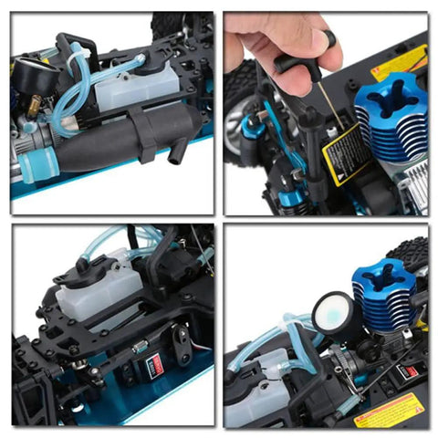 Close-up of metal chassis components of Nitro RC Car 1 To 10 Scale Two Speed 4WD Gas Powered Short Course Truck For Adults