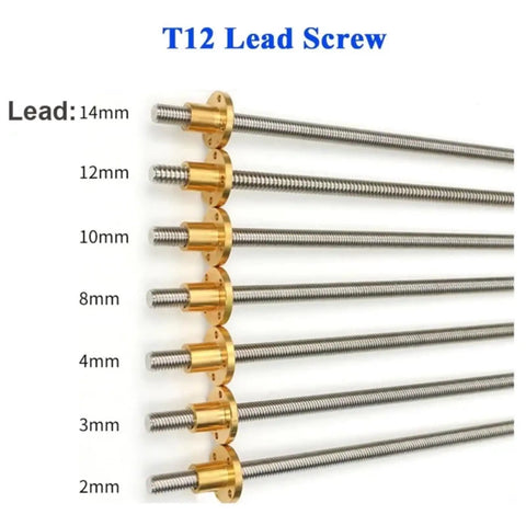 Heavy Duty Lead Screw Set for 3D Printers and CNC Machines, T12 style rods with brass nuts, multiple lead sizes visible