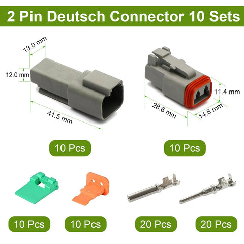 2 Pin Deutsch DT Connector Kit, 10 Sets, Waterproof Automotive Wire Connectors For Car RV Truck Wiring 22-16AWG, Gray