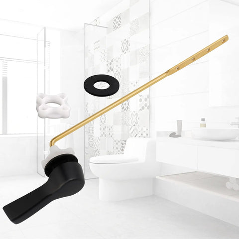 Universal Metal Front Mount Toilet Handle Kit In Matte Black With Brass Flush Lever, Stainless Steel Flapper Chains
