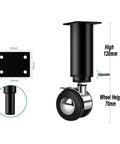 Universal 4 Piece Furniture Leg Set With Swivel Plate And Silent Rolling Wheels Adjustable Height For Office Chairs TV Cabinets Sofas And Armchairs For Easy Cleanups, showing dimensions and swivel plate design.