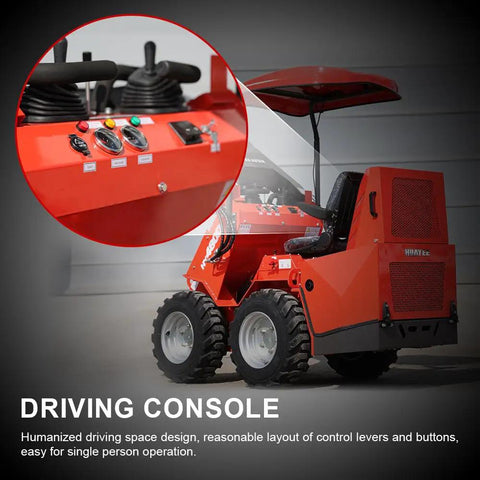 Mini Skid Steer Loader HY480D 23HP V Twin Honda GX690 Gas Engine, showing control console and sit down operation.