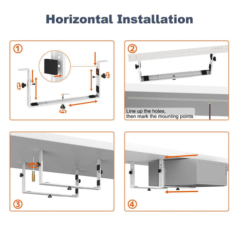 Transform Your Battle Station With This Rock Solid Under Desk PC Mount Bracket showing horizontal installation steps for mid and mini towers.