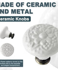 Six Piece White Ceramic Kitchen Cabinet Knobs And Pulls Set With Retro Round Drawer Knobs For Closets And Doors Includes Two Screw Sizes And A Handy Screwdriver For Easy DIY Install, close-up of floral design on ceramic knob