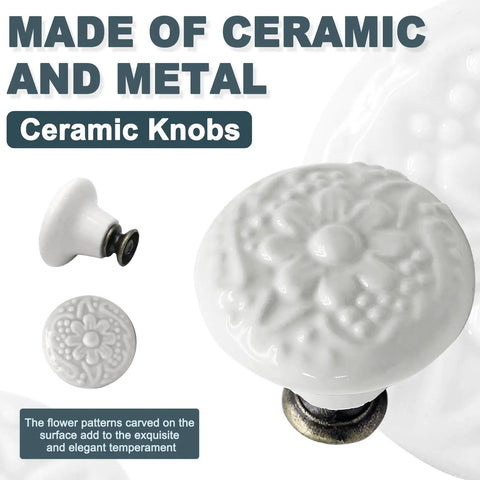 Six Piece White Ceramic Kitchen Cabinet Knobs And Pulls Set With Retro Round Drawer Knobs For Closets And Doors Includes Two Screw Sizes And A Handy Screwdriver For Easy DIY Install, close-up of floral design on ceramic knob