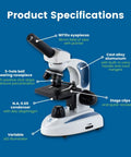 Student Compound Microscope EXM50 With Monocular Head 40x To 400x Magnification with labeled specifications
