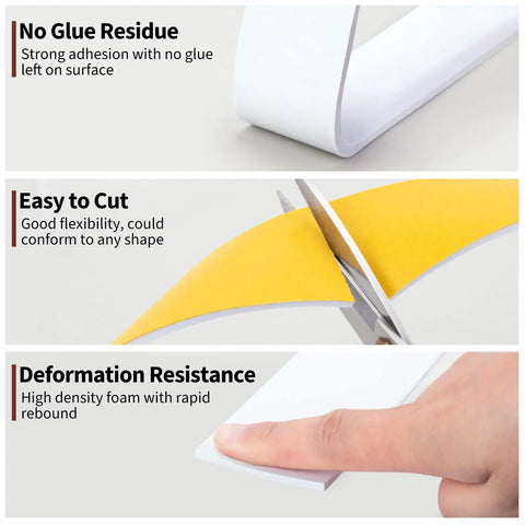 White Foam Rubber Seal Tape Self Adhesive Weather Stripping Gap Filler Foam Backer Tape 2 Inch Wide By Slim Cut 16 Foot Roll showcasing cutting flexibility.