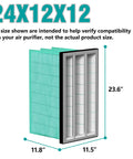Diagram of high efficiency MERV 14 air filter replacement with synthetic pocket, dimensions 24x12x12 for Jet AFS1000BC and others.