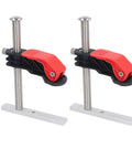 Two Piece Stainless Steel Hold Down Clamps Featuring Slick Quick Release Lever For Bench Dog Tslot Rack showing details of clamps and levers.