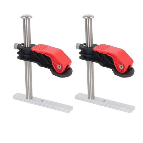 Heavy Duty Stainless Steel Hold Down Clamps For Woodworking Benchtop Setup shown in two units with quick release latches and sturdy bases.