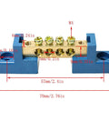 Two Pack 4 Position Terminal Bus Bar Blocks with brass screws and blue insulator, 70mm long, 57mm center spacing, power wiring