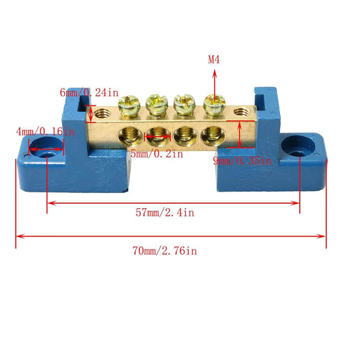 Two Pack 4 Position Terminal Bus Bar Blocks with brass screws and blue insulator, 70mm long, 57mm center spacing, power wiring
