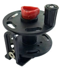 Universal Composite Speargun Reel 30M for spearfishing, black with sliding stainless line guide and dual mount brackets, angled view.