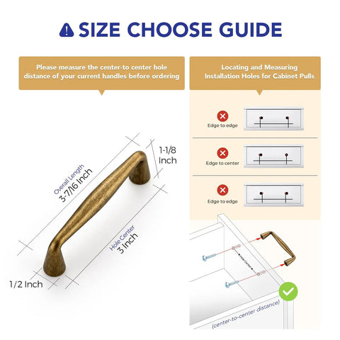 Antique Brass 3 Inch Cabinet Pulls Set, 30 Pack, Solid Zinc Alloy Drawer Handles size guide and installation diagram