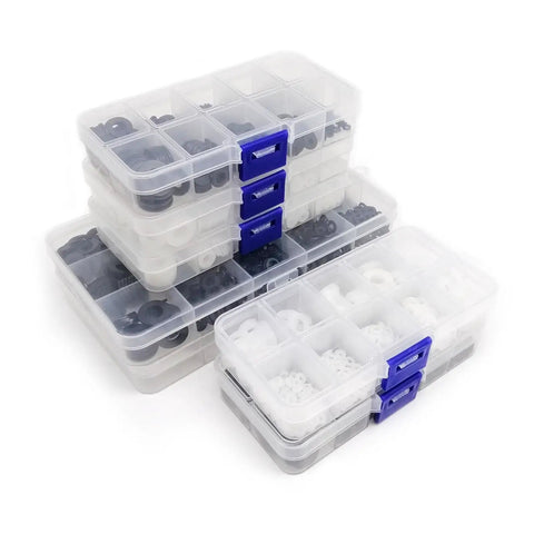 Plastic Flat Washer Assortment Kit M2 To M10 With Nylon Spacers And Gaskets In Black And White Four Thousand Four Hundred Seventy Five Pieces For Quick Fix And Handy DIY Projects., assorted washers in storage case
