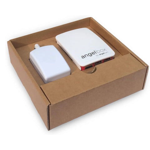 Plug And Play Security Camera Hub For Up To 10 IP Cameras With Encrypted Connections To AngelCam in a cardboard box