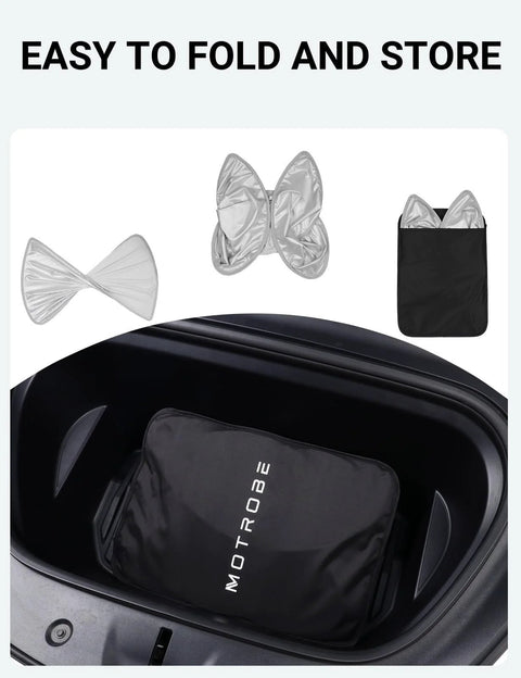 Motrobe sunshade kit for Tesla Model Y; silver foldable sunshades and black storage bag in trunk