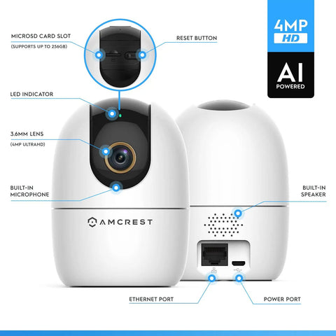 4MP WiFi Indoor Camera With Baby Monitor, Human And Pet Detection, Motion Tracking, Two Way Audio, Pan Tilt, Night Vision, Phone App Compatible, Smart Home IP Security Cam with labeled features like lens, mic, speaker, and ports.