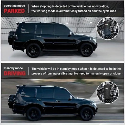 Dual Ultrasonic And LED Strobe Rodent Deterrent For Cars shown in parked and driving modes, protecting car engine under hood.