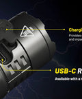 Close-up of charging port on P23i Tactical Flashlight 3000 Lumen USB-C Rechargeable Long Throw EDC Light With Waterproof USB-C Port