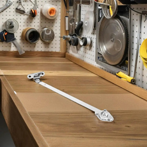 Heavy Duty Lid Stay Hinges Twin Pack With Soft Down And Slow Open Door Action on a wooden workbench