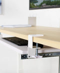 Large Under Desk Keyboard And Mouse Tray With Smooth Slider Rail System mounted under a wooden desk, showcasing ergonomic design.