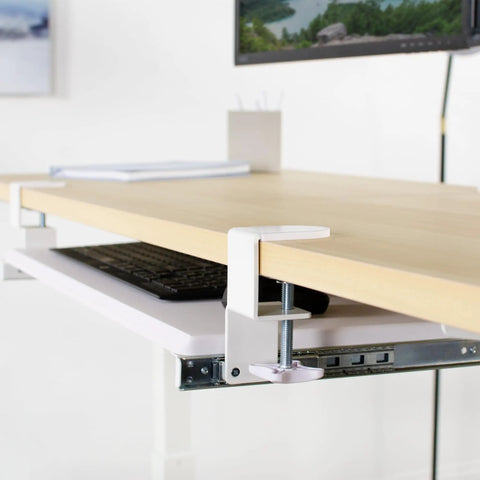 Large Under Desk Keyboard And Mouse Tray With Smooth Slider Rail System mounted under a wooden desk, showcasing ergonomic design.