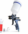 Super Slick Hvlp Air Paint Sprayer With 1.7Mm Nozzle And Six Hundred Ml Reusable Cup, featuring a blue spray gun and accessories.