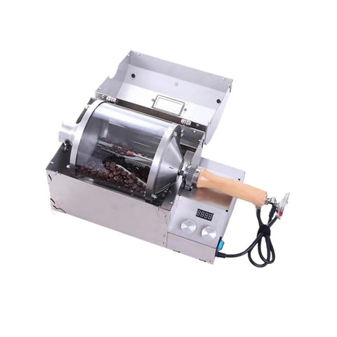 Game Changer Portable Coffee Roaster With Pinpoint Temperature Control And Adjustable Rotation Speed Compact Travel Machine For Fresh Daily Brews On The Fly, displaying silver metal body with wood handle.