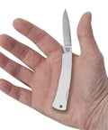Tough As Nails Stainless Steel Lockback Pocket Knife in hand, features Slick Brushed Drop Point Blade, size 3 1/8 in.