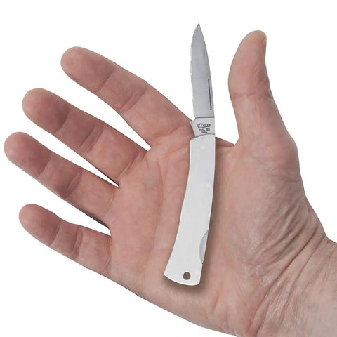Tough As Nails Stainless Steel Lockback Pocket Knife in hand, features Slick Brushed Drop Point Blade, size 3 1/8 in.