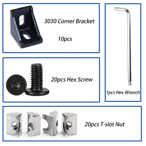 Ten Pack 90 Degree Corner Bracket Connector Set For 3030 Aluminum Extrusion, 8mm Slot, Solid Cast Aluminum, M6 T-Nut Shrapnel Style Fastening, Black Finish, Heavy Duty, Rust Resistant, Perfect For 3030 Profiles, 10 brackets with wrench and screws