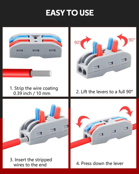 Usage guide for Lever Push In Wire Connectors 10 Pack Quick Connect Splice Connectors Inline Terminals 2 In 2 Out For Electrical Wire Splicing 28 12 AWG Durable Copper Conductors With Pro Grade PC Housing