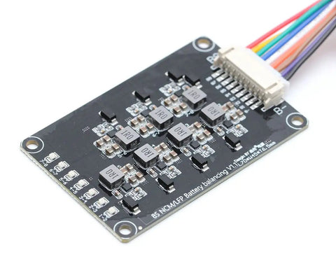Close-up of 8S 24V 25.6V LiFePO4 Battery BMS Active Balancer Board 1.2A, featuring circuitry and connections.