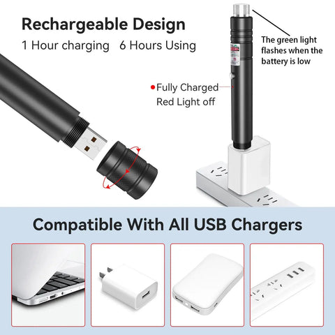 Rechargeable Green Laser Pointer High Power Beast Long Range Beam For TV LED LCD Screens Presentations Office And Outdoors Astronomy Tactical Flashlight Use Aluminum Body With Non Slip Grip And Low Battery Indicator USB charging compatibility