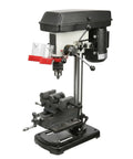 Heavy Duty Benchtop Drill Press With Five Eighth Inch Chuck And 220 Volt Copper Motor, featuring cross vise for precision work.