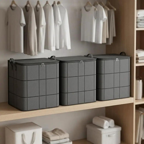 Heavy Duty Nonwoven Storage Bins Three Pack With Sturdy Handles, spacious grey organizers on wooden shelf in closet.