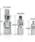 Universal joint adapters, 3-piece chrome vanadium steel set for 1/4, 3/8, 1/2 inch drives (front view).