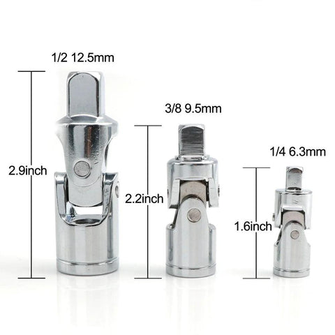 Universal joint adapters, 3-piece chrome vanadium steel set for 1/4, 3/8, 1/2 inch drives (front view).