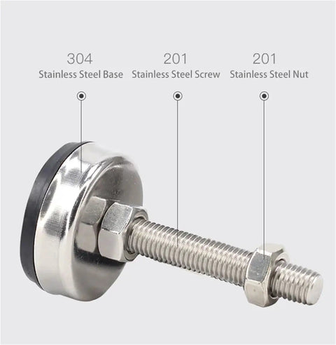 Heavy Duty Stainless Steel Adjustable Leveling Feet With Swivel Base For All Furniture To Squash Those Dang Wobbles And Keep Your Setup Locked Down Smooth close-up view of stainless steel base and screw.