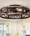 Badass Modern Farmhouse Caged Ceiling Fan With Slick Remote Flush Mount Build Featuring Four E26 Socket Lights six speed settings.
