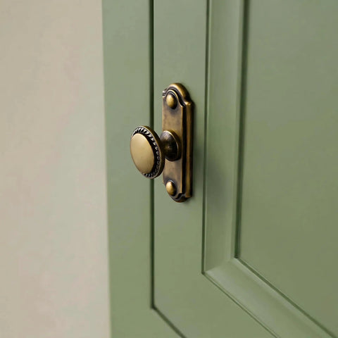 Antique Brass Cabinet Knobs With Industrial Backplates, Vintage Drawer Pulls for kitchen cabinet, set of 6, green door view