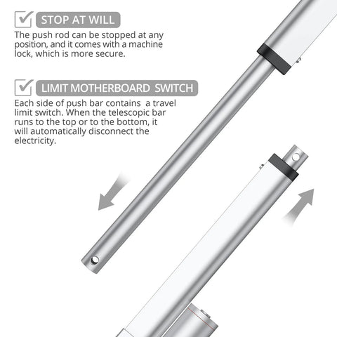 Justech 12V heavy-duty linear actuator, silver finish, with mounting hole and head bracket