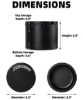 2.5 Inch Aluminum Spice Grinder Three Piece Three Stage black color with dimensions showing top and bottom storage depths.